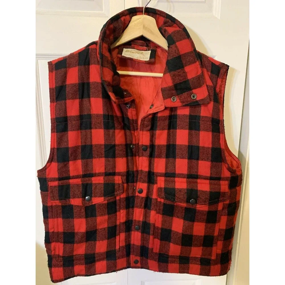 SPORTSMAN’S CHOICE Men’s‎ Sz L plaid hunting vest vtg black & red plaid outdoors